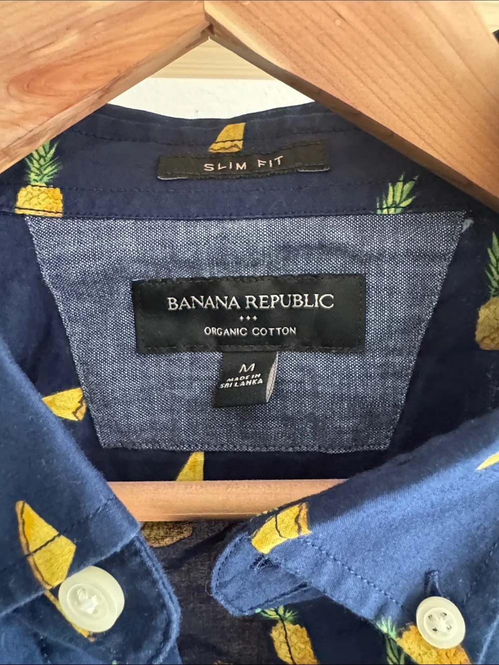 Banana Republic Navy Short-Sleeve Button-Down with Yellow Pineapple Print